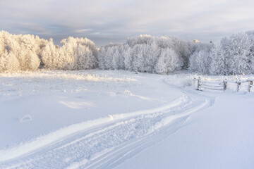 Fototapeta na wymiar Frosty day in a village on the shore of Lake Onega in the Republic of Karelia 