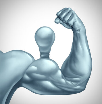 Idea of power and Powerful strong creative ideas metaphor and business creativity strength as a light bulb or lightbulb with muscles as a symbol for great thinking and brainstorming.