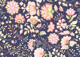 A lot of different fantasy flowers. Millefleurs trendy floral design. Blooming midsummer meadow seamless pattern. Seamless pattern, background. Vector illustration. Gradients colors - obrazy, fototapety, plakaty