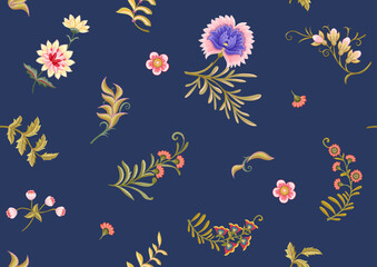 Fototapeta na wymiar Fantasy flowers in retro, vintage, jacobean embroidery style. Seamless pattern on blue denim background. Vector illustration.