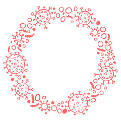 Background, frame, border from molecules, cells of virus, bacteria. Pandemic, epidemic covid-19. Concept of quarantine coronavirus, vaccination. Vector hand drawn outline doodle isolated
