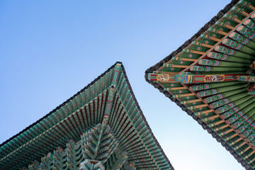 Traditional Korean Temple Architecture Decoration and Blue sky. South Korea. 전통, 조계사, 사찰, 절, 단청