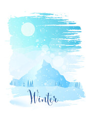 Winter Landscape. Vector illustration. Mountain landscape. Travel concept of discovering. Hiking tourism. Adventure. Minimalist graphic posters. Polygonal flat design for coupons, vouchers, cards