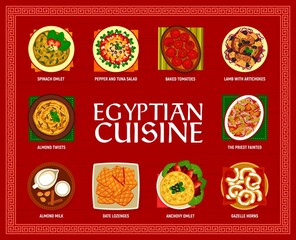 Egyptian cuisine menu with food dishes and meals for lunch and dinner, vector. Egypt restaurant traditional food with spinach omlet, almond and baked tomatoes, lamb with artichokes and gazelle horns - obrazy, fototapety, plakaty