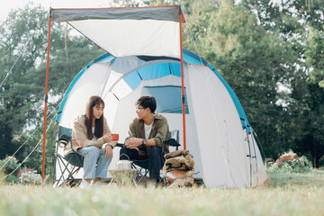 Happy couple camping life at park