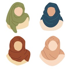 Set of woman faces with hijab on the head. Collection of women avatar in modern flat hand drawn design with line art. Vector illustration. Bundle Isolated elements of muslim, islamic tradition.