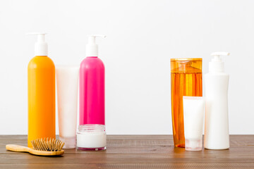 Close up of hair care cosmetic products for hair treatment