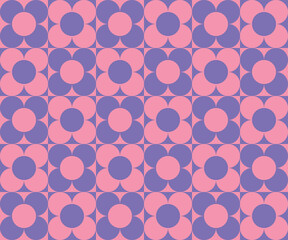 Checkerboard seamless pattern with geometric shaped flowers. Colorful vector background in retro style. Vintage hippie aesthetic, 60s, 70s