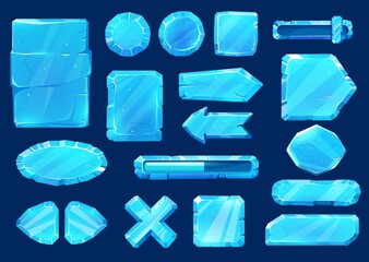 Ice crystal user panel interface buttons, sliders, arrows and keys game asset ui set. Blue iced vector menu azure textured blocks, gui frozen cartoon 2d life, loading bar, cross and plaques - obrazy, fototapety, plakaty