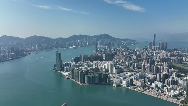 4K video of Flying on Hong Kong Victoria Harbor in a sunny day