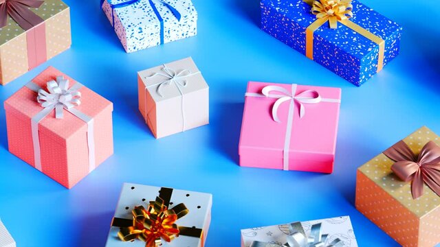 Seamless looping animation of different present boxes. Gift. Ribbon. Blue. Xmas