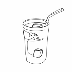 Continuous one simple single abstract line drawing of glass of tasty iced coffee icon in silhouette on a white background. Linear stylized.
