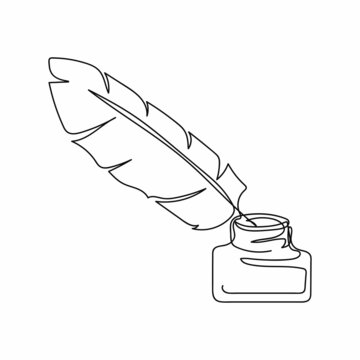 Continuous one simple single abstract line drawing of vintage fountain pen with inkwell icon in silhouette on a white background. Linear stylized.