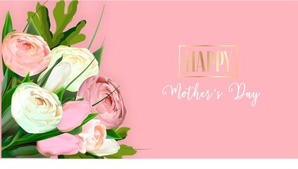 Mother's day greeting card template. print-ready postcard mockup. Lettering in English: Happy Mother's Day. Flyer congratulations on international women's day. Banner layout