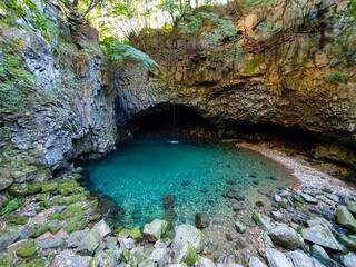 Beautiful Bidulghinang Falls in Pocheon,
Cobalt colored water with columnar joint. South Korea. 포천 비둘기낭 폭포, 주상절리.