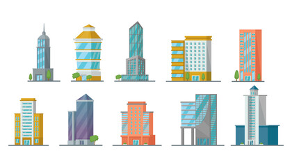 Office city buildings of different shapes cartoon vector illustration set. Real estate, business towers, skyscrapers, apartment buildings isolated on white background. Cityscape urban downtown concept