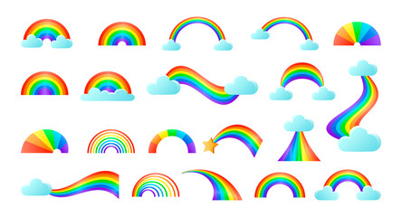 Cute rainbow stickers set. Vector illustrations of childish colorful arcs. Cartoon different shapes of curve rainbows with hearts and clouds in sky isolated on white. Weather, fairytale concept