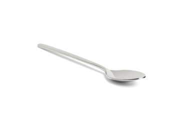 Clean shiny metal spoon isolated on white. Stainless steel small kitchen dessert teaspoon cut close up. Tablespoon. Kitchen utensils concept.