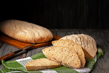 Freshly baked homemade bread is on the table