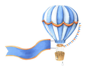 Bright aerostat isolated on white background. Vintage hot l air balloon with colored flag. Watercolor hand drawn illustration. Ideal for romantic design, children's decor. © svetla27