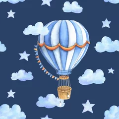  Seamless pattern with vintage balloons and clouds. Hand drawn watercolor illustration. Endless texture for baby design, decoration, greeting cards, posters, invitations, advertisement, textile © svetla27