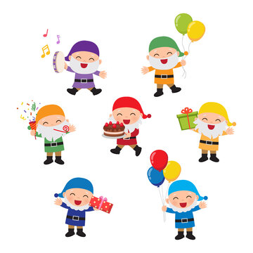 Cute colorful dwarfs celebrating birthday party with balloons and presents. Flat vector cartoon design