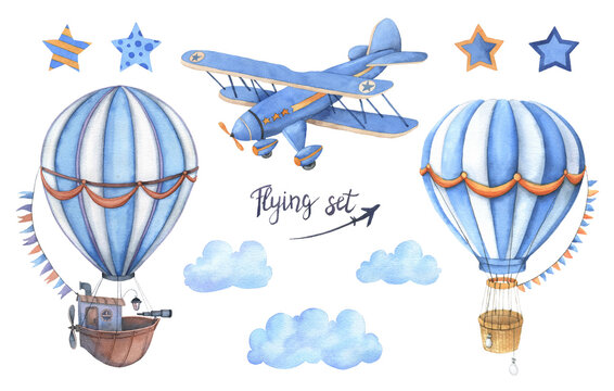 Airplane, balloon, clouds and stars. Collection of elements on a white background. Hand-drawn watercolor illustration. Vintage picture for children's design, holiday.