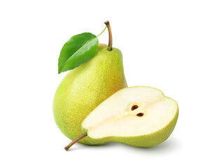 Pear with cut in half isolates on white background.