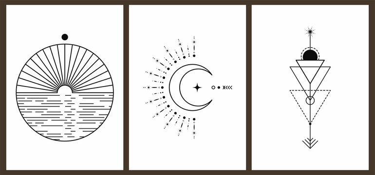 Set of three monochrome aesthetic geometric harmonious vintage backgrounds with solar system elements. Astrology and esoterics. Mid-century style poster with thin lines, sun, star, stripes and dots.