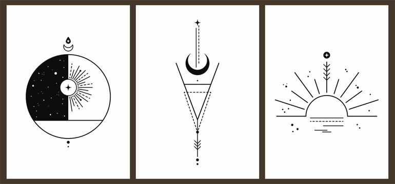 Set of three monochrome aesthetic geometric harmonious vintage backgrounds with solar system elements. Astrology and esoterics. Mid-century style poster with thin lines, sun, star, stripes and dots.