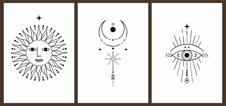 Set of three monochrome aesthetic geometric harmonious vintage backgrounds with solar system elements. Astrology and esoterics. Mid-century style poster with thin lines, sun, star, stripes and dots.