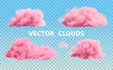 Realistic pink clouds set isolated on transparent background. Vector fluffy smoke collection in a blue sky. - 479713561