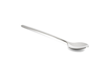 Clean shiny metal spoon isolated on white. Stainless steel small kitchen dessert teaspoon cut close up. Tablespoon. Kitchen utensils concept.
