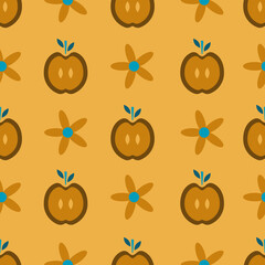 Fantasy vintage half apples with blue leafs vector seamless repeat pattern print