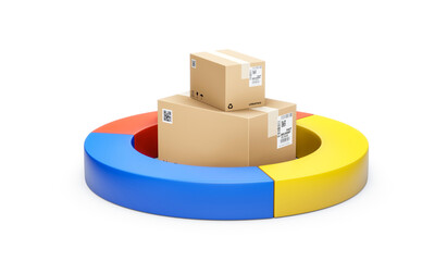 Logistics cargo industry of delivery pie chart shipping business data concept or commercial transport freight goods box storage industrial and export information graph isolated on white 3d background.