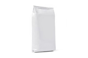 Coffee bag mockup isolated on white background. Front View. White package for tea, biscuit. Paper pouch, milk pack. Snack package blank, glossy flex box. Juice paper container. Foil bag for food.