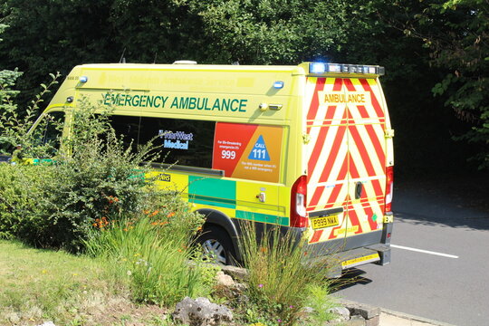 North west medical emergency ambulance parked on the road: Lancashire, UK, 03-08-2021