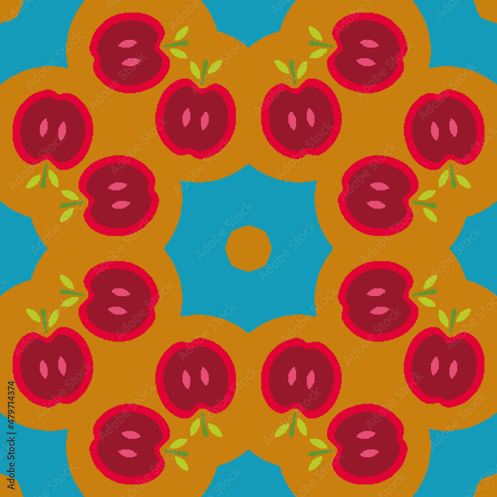 Poster half red apples with green leafs vector seamless repeat pattern print