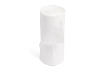 White polyethylene trash bag roll isolated on white background. Disposable packaging plastic...