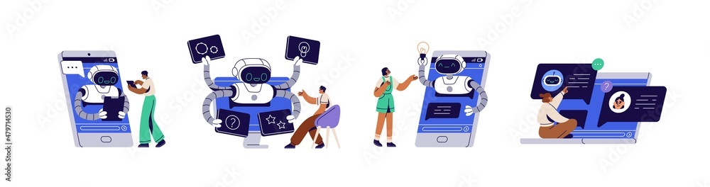 Leinwandbilder Online communication with chat bot concept. Robot answer customer in chatbot service. Dialog between AI assistant and user in messenger. Flat graphic vector illustration isolated on white background