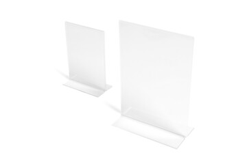 Vertical transparent desk display isolated on white background. Advertising trade stand banner. Mock Up Template. Front view. Table tent menu holder T shaped A4 or A5 format. Plastic ad plate.