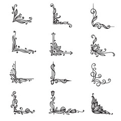 Collection of vector hand drawn corners for design frames, invitations, greeting cards