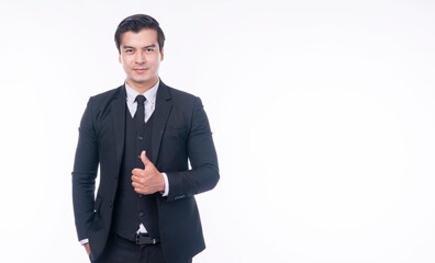 Obraz na płótnie Canvas Confidence positive successful handsome businessman wear elegant suit standing on white background. Professional smart business manager holding thumb up for good job over isolated.