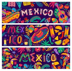 Mexican national sombrero and food, toucan, flowers, guitar and papel picado flags. Vector banners with ethnic Mexican ornament background of flowers, leaves, birds and jalapeno pepper
