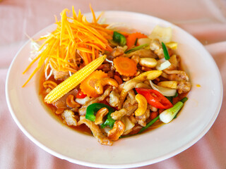 Stir-fried pork with cashew nuts, mixed seasonal vegetables and dried chilli pepper. Delicious thai food Moo Pad Med Ma-Muang Himmapan