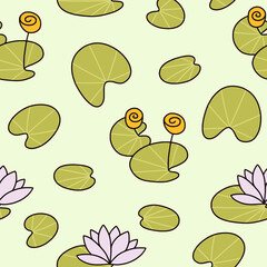 Water lily seamless pattern. Doodle cartoon lotus, lily pad pond print. Abstract green background.
