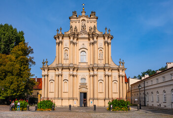 Fototapeta na wymiar Kosciol Wizytek Visitationist Church of St. Joseph at Krakowskie Przedmiescie street in Old Town historic district of Warsaw in Poland
