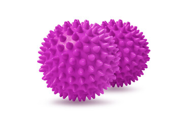 Two pink spiny massage balls isolated on white. Concept of physiotherapy or fitness. Closeup of a colorful rubber ball for dog teeth on a white color background. Corona virus model.