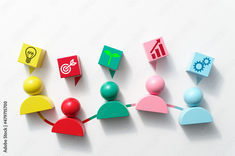 Poster teamwork and creativity concept. top view of many people blocks and cubes with icons.