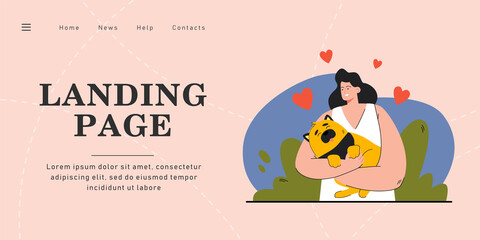 Happy female person holding dog in hands. Cartoon woman hugging cute puppy flat vector illustration. Hearts in background. Love, pet, owner concept for banner, website design or landing web page.